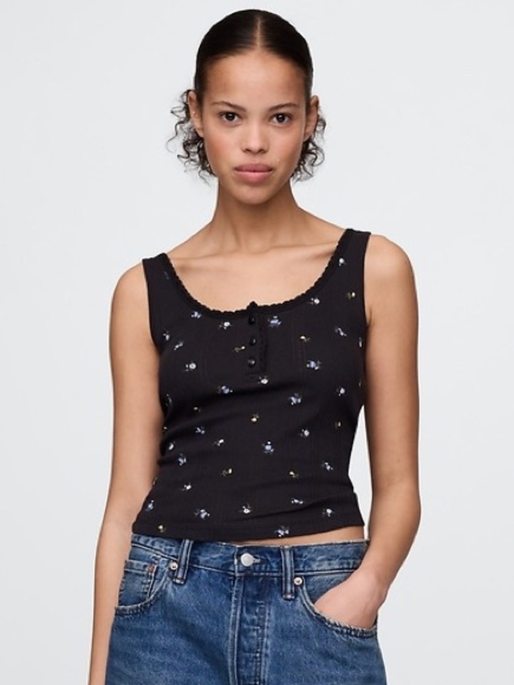 Gap Black Floral Pointelle Tank Top Cotton size XXL new NWT Cottagecore Feminine
